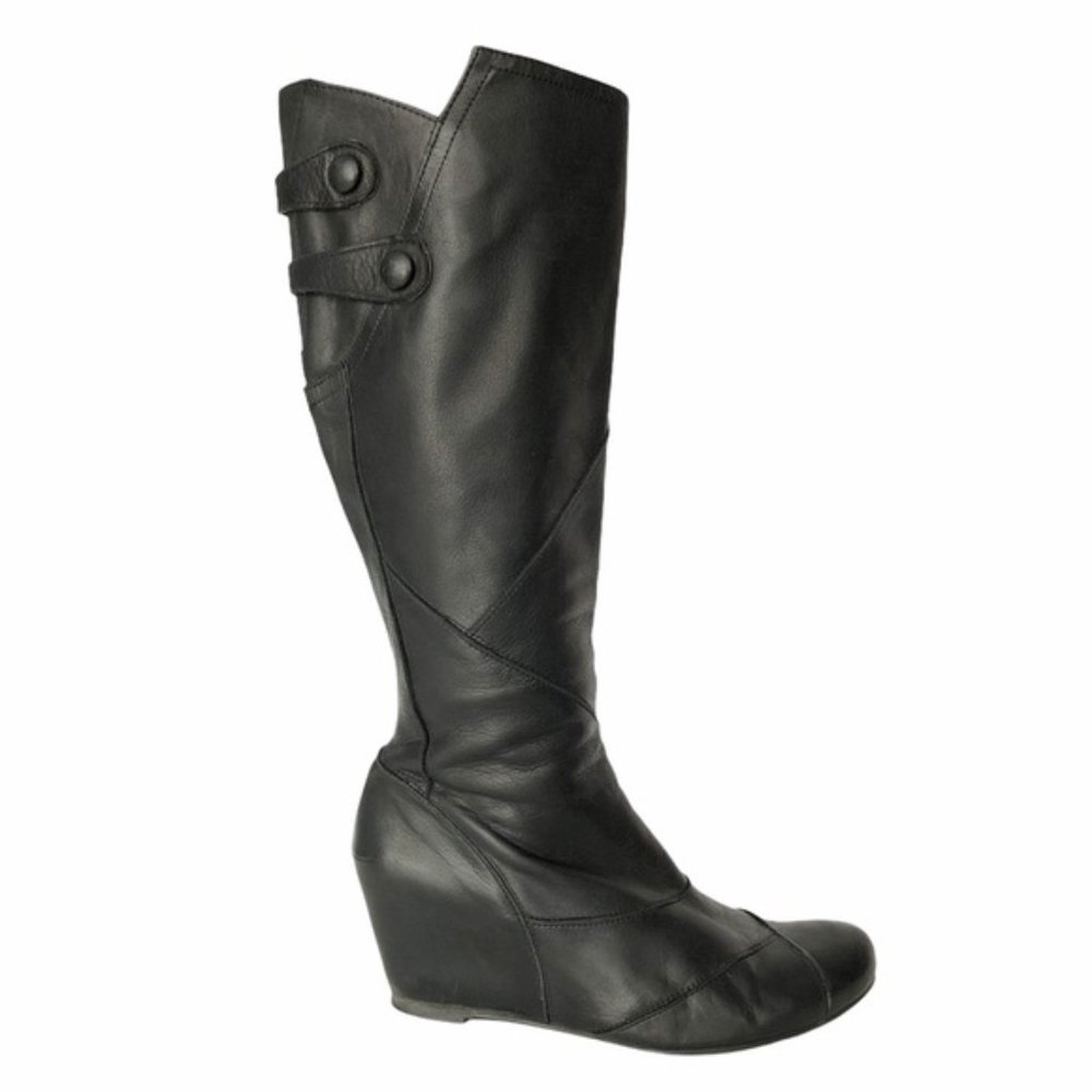 Miz Mooz Black West Patch Knee High Wedge Boots 8